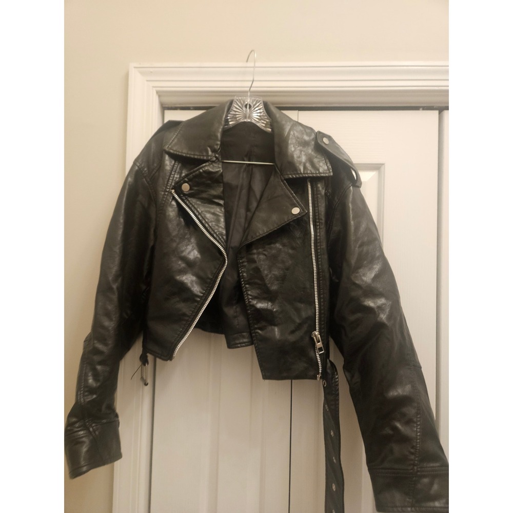 Womens Black Faux Leather Moto Biker Jacket Cropped Asymmetrical Zip Small